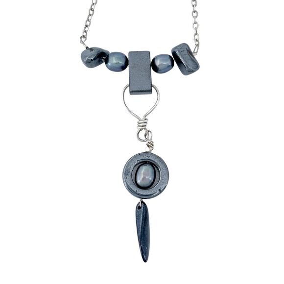 Vintage Artisan Silver Tone Hematite Unique Pendant Necklace 19" - Picture 2 of 4